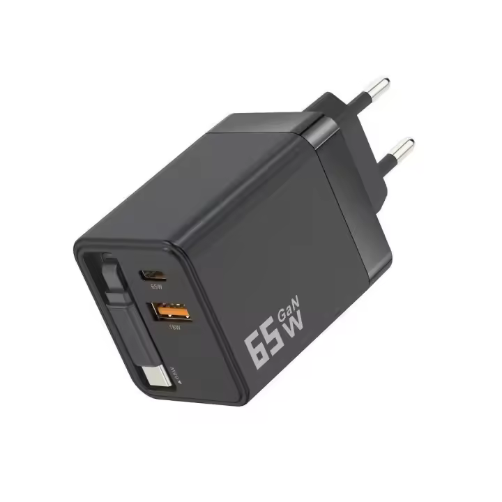 Cargador rápido con cable retráctil de 65 W, cable retráctil multifunción A+C, conector USB C de 3 puertos - 1