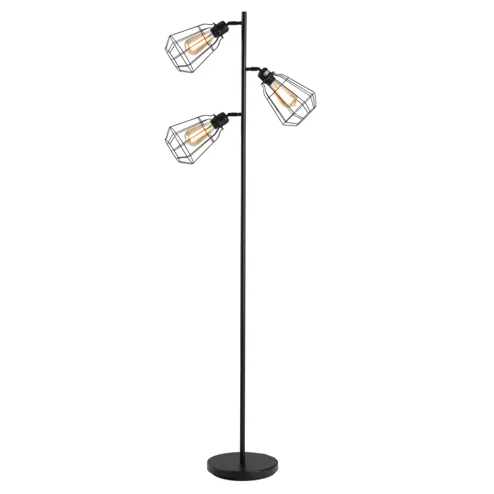 HOMCOM Lámpara de pie de diseño industrial 3 focos máx. Pantalla de lámpara de jaula de metal negra de 40 W - 1