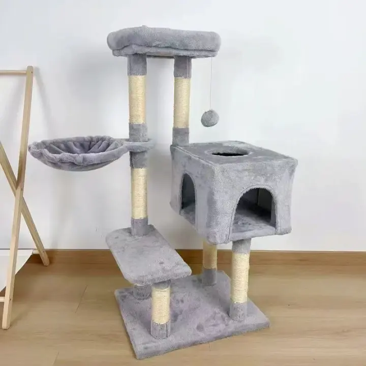 Árbol Rascador para Gatos, Torre de Juegos con Casa y Plataformas, 108x40x30 cm, Gris - 1