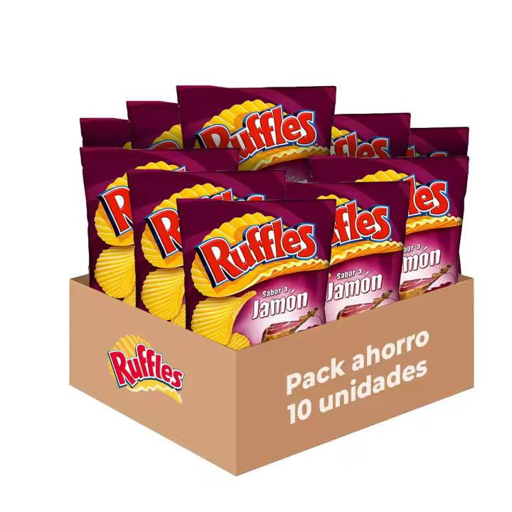 Ruffles Jamón - Patatas Fritas Crujientes Sabor Jamón, Pack de 10 Bolsas de Patatillas Deliciosas, Onduladas e Irresistibles, Snack y Aperitivo, Total: 10 x 243g = 2430 g - 1