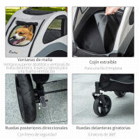 PawHut Cochecito para Perros Plegable Carrito para Mascotas con 5 Ventanas 2 Puertas Bolsillo de Almacenaje Correas de Seguridad y Frenos Tela Oxford 300D Acero 107x67x102 cm Gris - details 6