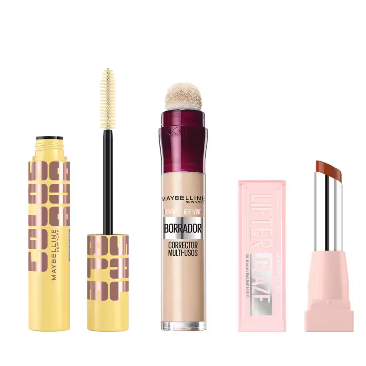 Maybelline New York | Máscara Colossal Waterproof, resistente al agua, volumen modulable y flexible + Borrador Corrector Hidratante Multiusos Tono Light + Lifter Glaze Brillo Labial - Hidratación Intensa Textura No Pegajosa Tono Latte Crush - 1