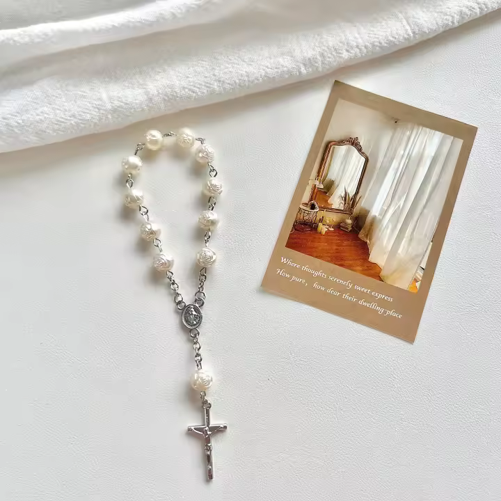 Pulsera De Perla De Vidrio Para Bebé 6/8mm Rosario Mini Cruz Cadena De Dedo Religiosa Regalo Eucarístico Unisex Clásica - 1