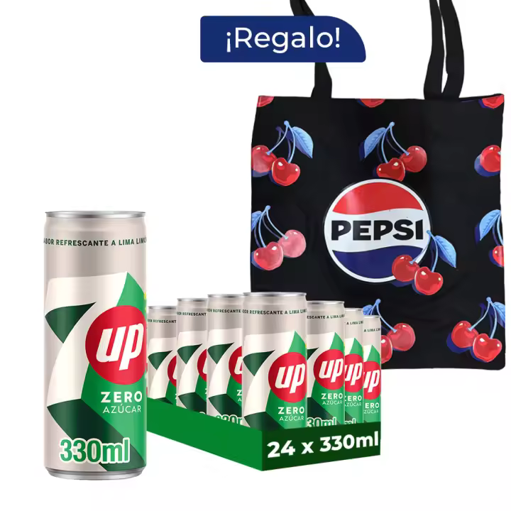 Pack Regalo Seven Up Zero 24 Latas x 330 ml + Tote Pepsi, Refresco de Lima con Gas y Sin Azúcar, Bebida Carbonatada, Sabor Burbujeante, Puro y Refrescante, sin Cafeína, Auténtico Sabor y Versatilidad - 1