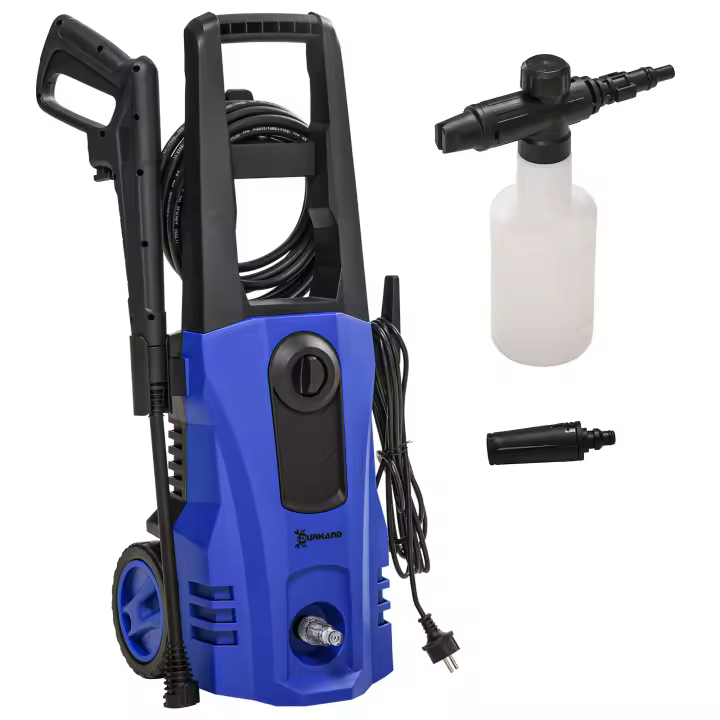 DURHAND Limpiadora de alta presión con rodillos, manguera de alta presión de 6 m, presión de trabajo de 150 bar, 1800 W, incl. Accesorios, cantidad máx. de agua: 510 l/h, azul, para jardín - 1