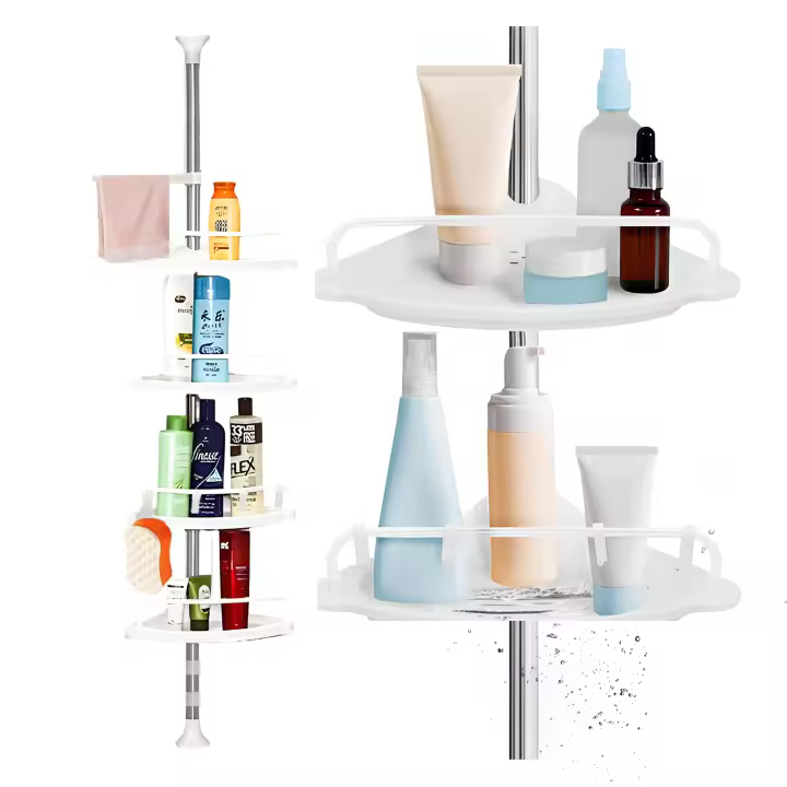 Ruhhy, Estantería de Ducha Esquinera Extensible 200-300cm con 4 Baldas Ajustables y Gancho | Estante de Baño sin Taladro en Rincón | Organizador Vertical para Gel Champú Toallas - Blanco y Acero Inoxidable - 1
