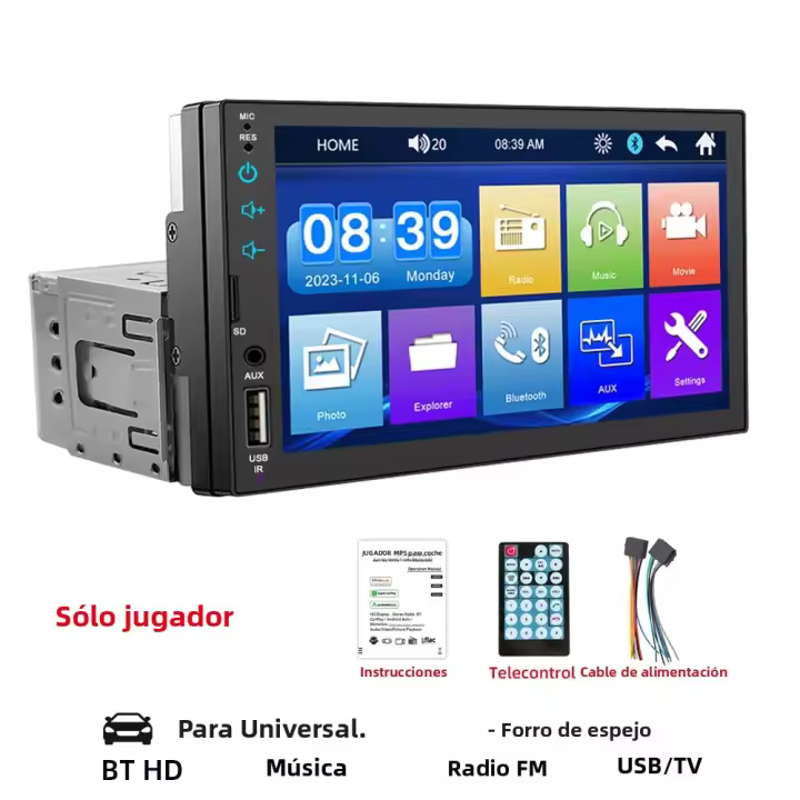 Reproductor Multimedia Para Coche HIPPBQCC 7 Pulgadas 1 Din MP5 Pantalla Táctil FM USB Bluetooth Entrada Aux ISO Potencia Del Auto Radio - 1