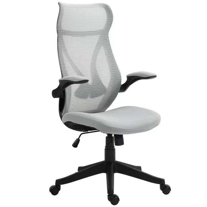 HOMCOM Silla de Escritorio de Malla Silla de Oficina Giratoria con Altura Ajustable Reposabrazos Abatibles y Función de Basculante Silla para Estudio Carga 120 kg Gris Claro - 1