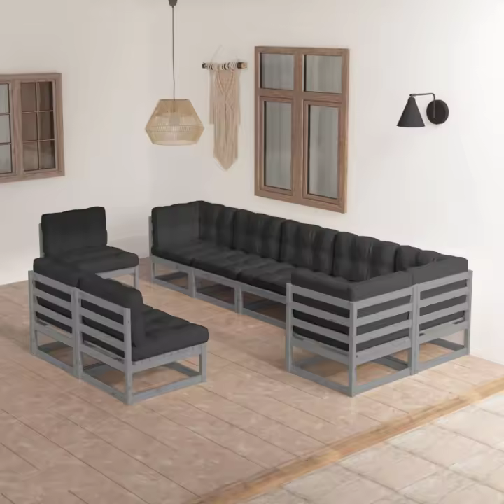 vidaXL Juego de muebles de jardín 9 pzas y cojines madera maciza pino - 1