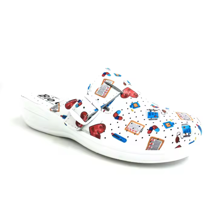 Bioup Modelo 328 Zuecos Piel Blanca Estampada Dentista - 1