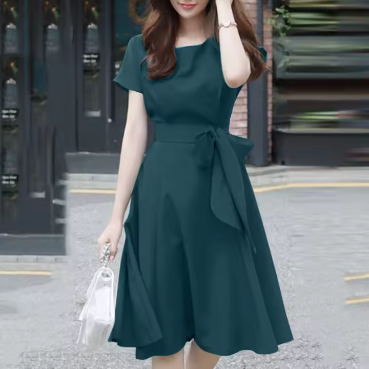 Vestido ZANZEA De Verano Para Mujer Con Manga Corta Estilo Casual Elegante A-Line Vestido De Fiesta Trabajo Sundress De Rodilla Largo Con Cinturón Decorativo - 1