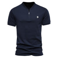 Nueva camiseta de manga corta de algodón puro con cuello en V y cremallera para hombre, camiseta deportiva bordada de color sólido para hombre - details 4