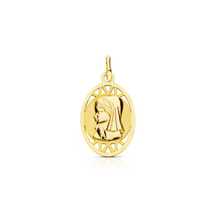 Medalla Oro Amarillo 18K Personalizada Virgen Niña Oval Mate y Brillo 17 x 12 mm - Mondepetit - 1