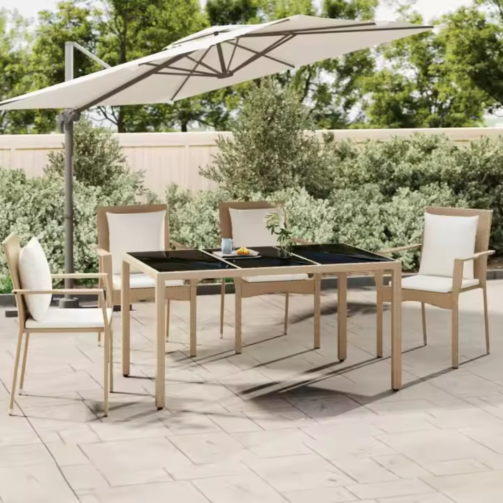 vidaXL Mesa de jardín superficie de vidrio ratán PE 150x90x75 cm en color Negro/Beige/Gris y más | estructura resistente ideal para salón dormitorio o estudio - 1