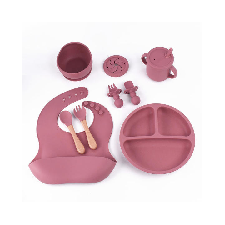 BIT Vajilla de Bebé Silicona, 10 piezas Juegos de vajilla infantil, Cubiertos con plato ventosa, Plato Bebe Ventosa,Tenedor con mango de madera, bebe de silicona, Babero Set vajilla silicona bebe