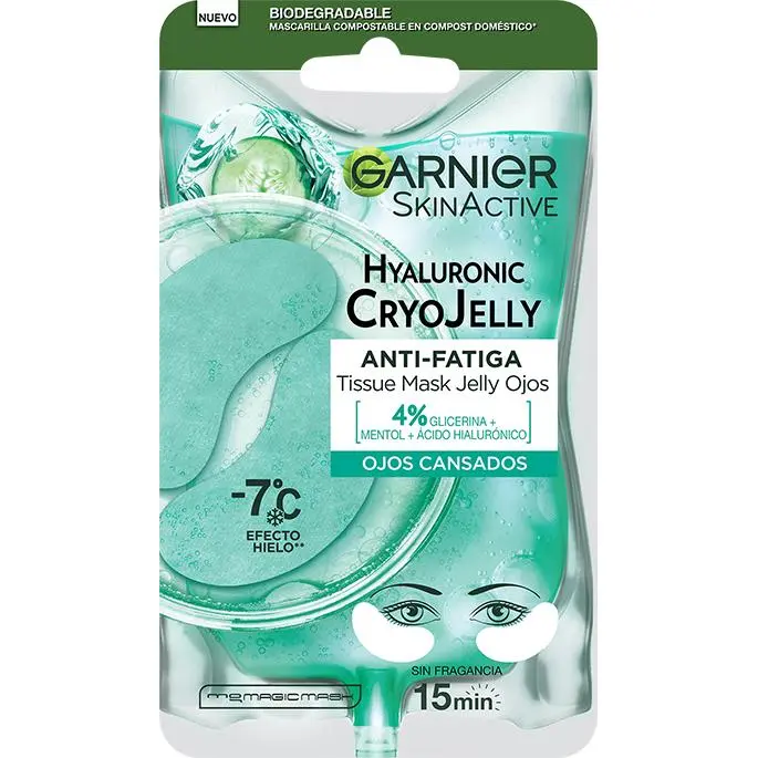 Garnier Tissue Mask Hyaluronic Cryo Jelly Antifatiga para contorno de ojos. 4% de Glicerina + Mentol + Ácido Hialurónico. - 1