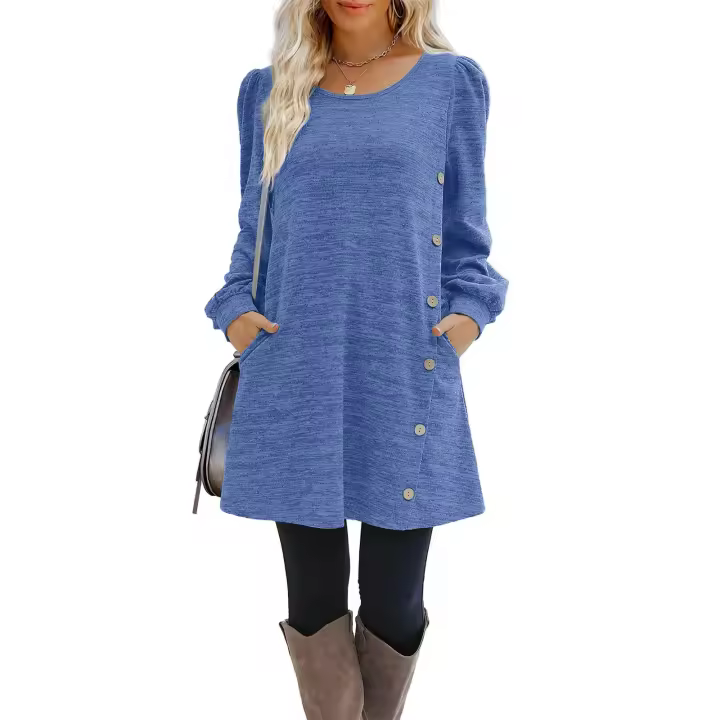Vestido Casual De Mujer Verano 2024 Cuello Redondo Manga Larga Botones Color Sólido A-Line Largo Hasta La Rodilla Polyester - 1