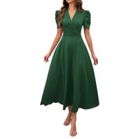 Vestido Elegante De Fiesta Para Mujer Cintura Alta A-Line De Color Sólido Con Manga Corta Estilo Francés Vestido De Cintura Cinchada Temperamento - details 9