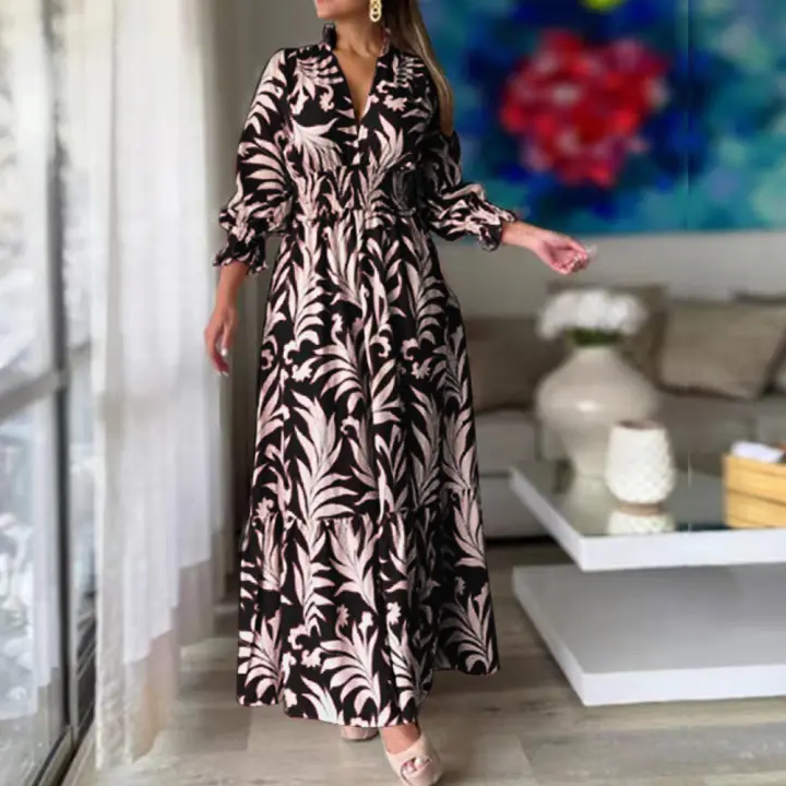 Vestido Largo Bohemio Con Cinturón Para Mujer Tallas S-3XL Estilo Europeo Y Americano Casual Manga Regular Poliéster Ajustado Y Flare - 1