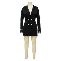 Chaqueta De Mujer Elegante De Verano Con Cuello V Y Mangas Largas Doble Filo Traje Femenino Para Oficina A-Line Midi - details 1