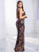 Vestido Largo De Noche Con Floral Y Lentejuelas Cuello Alto Sin Mangas Elegante Ajustado Para Fiesta Boda Maxi Gown - details 15