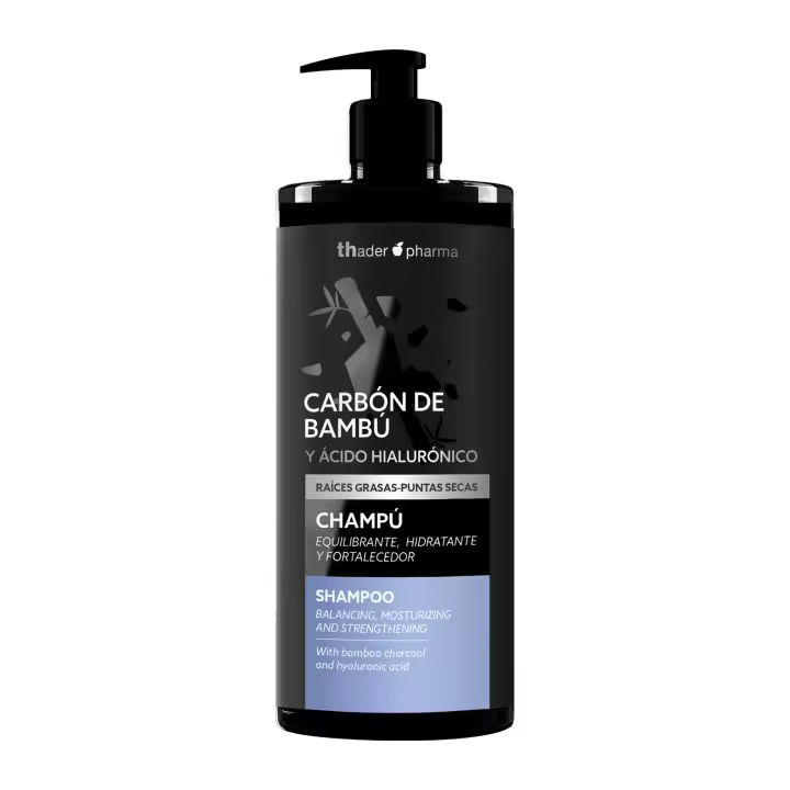 Thader Pharma Champú equilibrante con Carbón de Bambú y Ácido hialurónico ideal para cabello graso con puntas secas, 750 ml - 1
