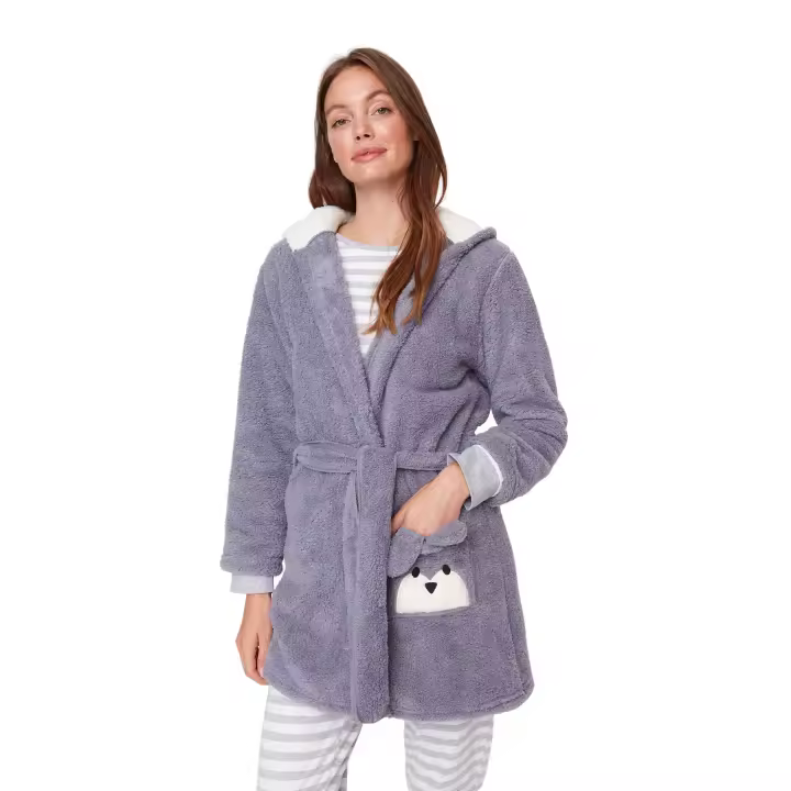 Trendyol Grey Belted Animal Figured Pocket Wellsoft Winter Knitted Dressing Gown Thmaw21Sb0011 - 1