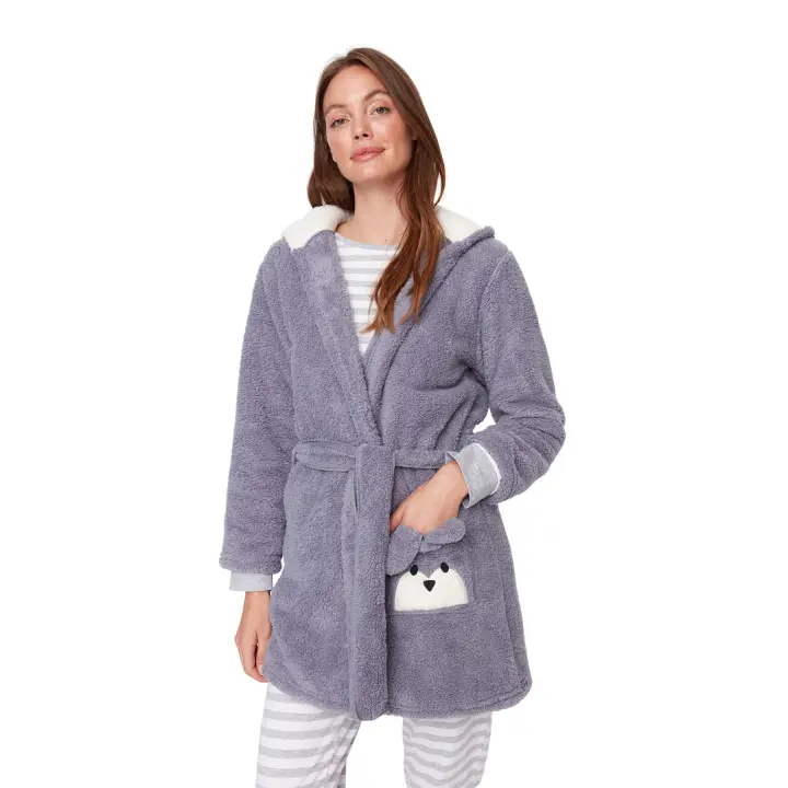 Trendyol Grey Belted Animal Figured Pocket Wellsoft Winter Knitted Dressing Gown Thmaw21Sb0011 - 1
