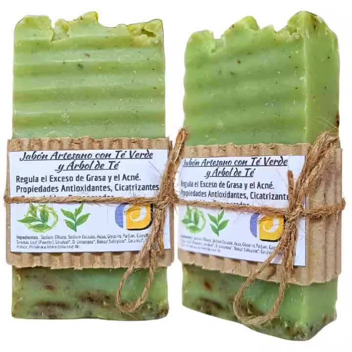 2 Jabones Artesanos Naturales con Té Verde y Árbol de Té. PumarShop Cinnia Natura. Regenerador. Indicado para Piel Grasa. Acné. Bactericida. Hechos a Mano. Apto Veganos - 1