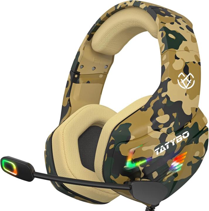 Tatybo Cascos Gaming con Micrófono para Ps4 Ps5 PC Xboxone Switch, Auriculares Gaming con Premium Stereo, Orejeras Grandes y 4 Modo Luz RGB
