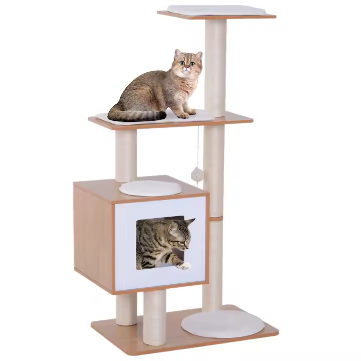PawHut Árbol Rascador para Gatos de Madera 71,5x49,5x120 cm Torre de Gato con Cueva Plataformas Postes Rascadores de Sisal Cojines de Felpa Suave y Bolas Colgantes - 1