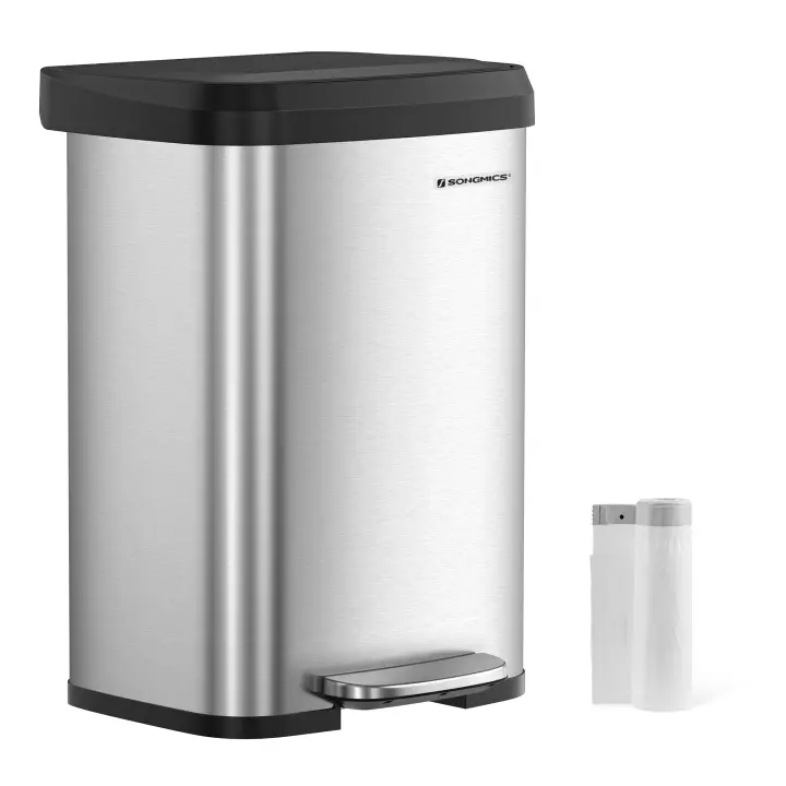 SONGMICS Cubo de Basura de Cocina, 50 L, Cubo de Basura de Metal con Pedal y Tapa, Alto y Grande, Plata y Negro/Blanco y Negro/Negro - 1