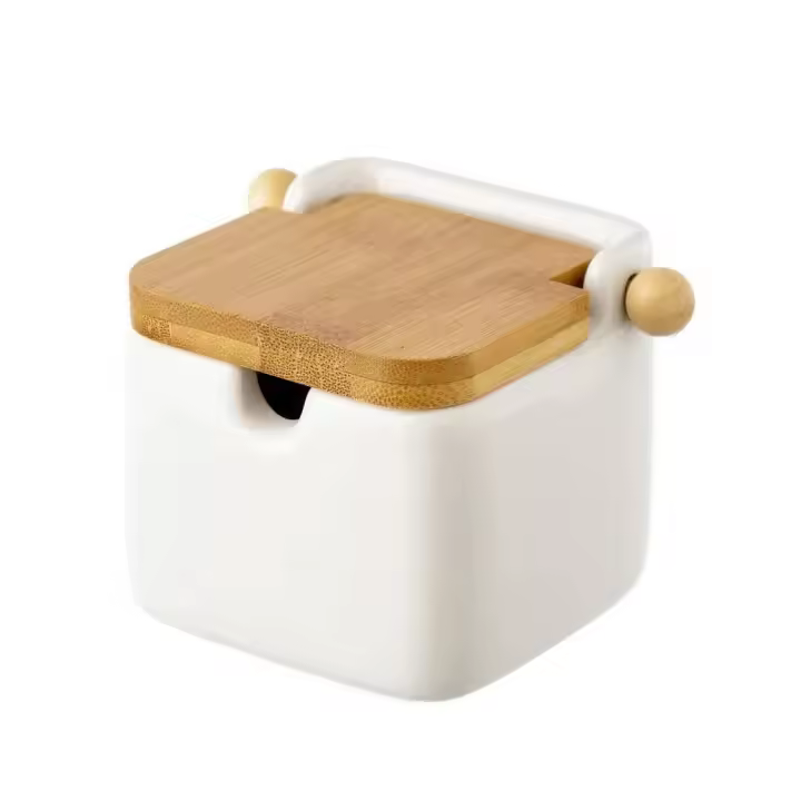 Dcasa Azucarero blanco "stoneware" con tapa de bambú. - 1