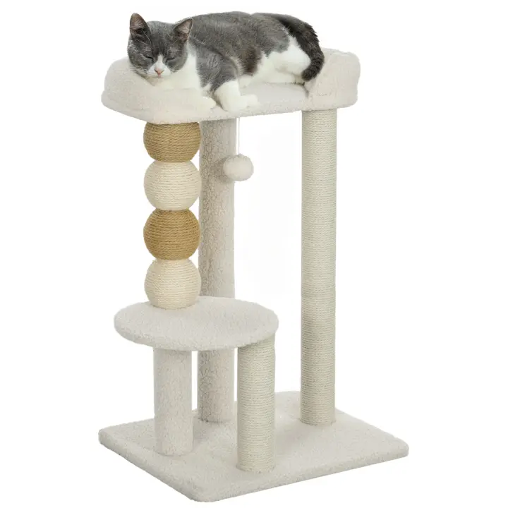 PawHut Árbol Rascador para Gatos Altura 76 cm Árbol para Gatos Torre para Gatos con Revestimiento de Borreguillo Plataformas Bola Colgante y Poste de Yute Beige - 1