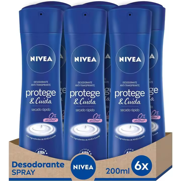 NIVEA Protege & Cuida Spray en pack de 6 (6 x 200 ml), desodorante antitranspirante con el aroma de NIVEA Creme, spray desodorante con 0% alcohol     【ROUA】 - 1