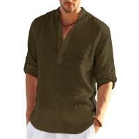 Nueva camiseta de manga larga de lino para hombre, camisa informal holgada de Color sólido, camisa de lino de algodón de manga larga - details 3