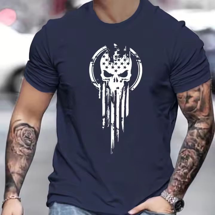 Camiseta De Verano Para Hombre Talla Grande 100% Algodón Estampado De Calavera Cuello Redondo Manga Corta Ajustada Top Casual - 1
