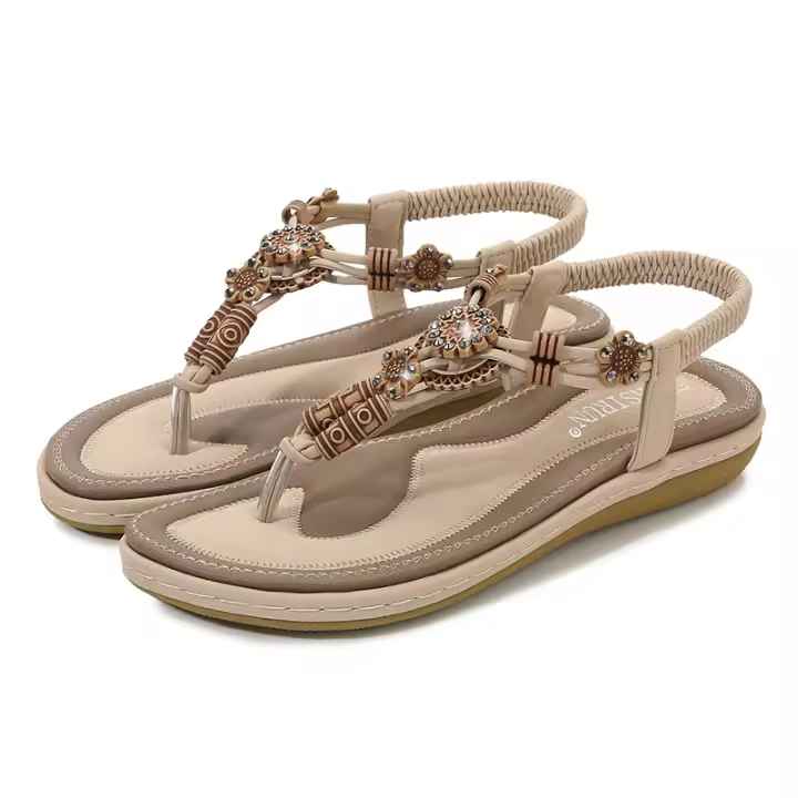Zapatos de playa europeos y americanos para mujer, verano 2025. Zapatos casuales planos anchos con cuentas de madera tejidas. - 1