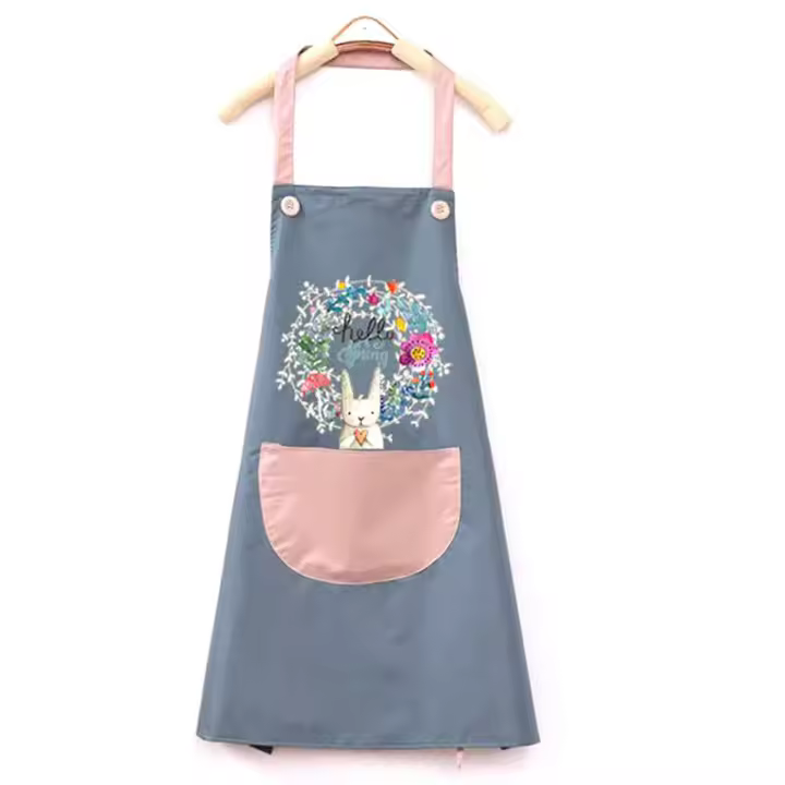 Delantal de cocina impermeable, delantal de barbacoa ajustable con bolsillo, lindo delantal de conejo-Azul - 1