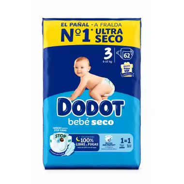 Dodot Bebé-Seco Talla 3 (6-10 kg) 62 Pañales – Sequedad Duradera y Protección Anti Fugas - 1