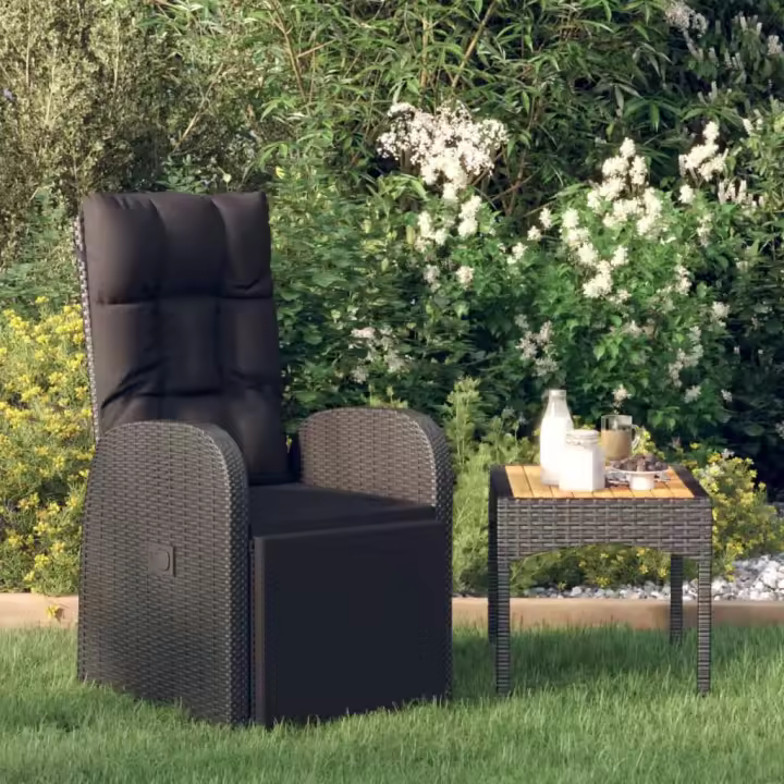vidaXL Sillón reclinable de jardín con cojín ratán sintético negro - 1