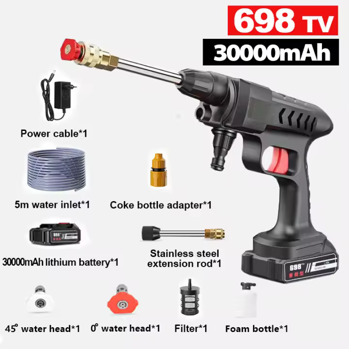 60bar Pistola de lavado de coche de alta presión inalámbrica portátil, boquilla ajustable con batería de iones de litio, 30000mAh - 1