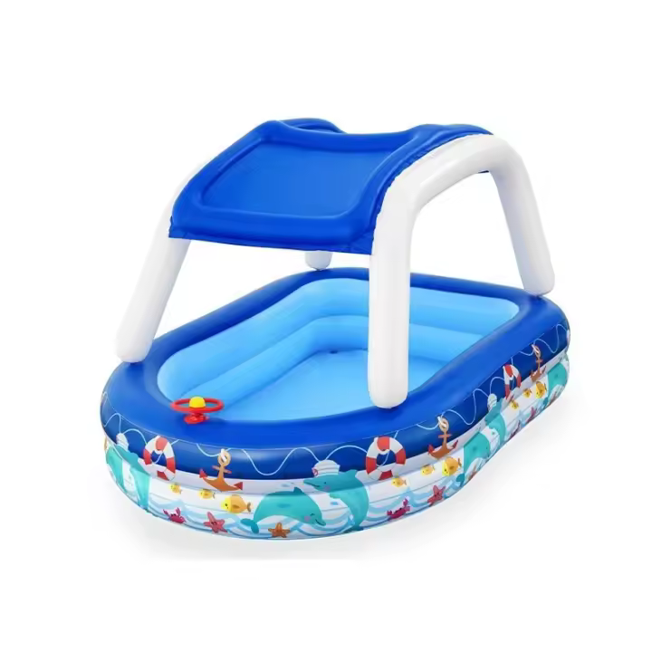 Bestway Piscina Hinchable Infantil Techo Desmontable Barco con Volante 213x155x132 cm +3 Años Jardin 54370 - 1