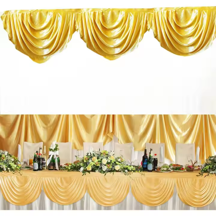 Faldas de mesa doradas, Navidad, bodas, fiestas, 3 metros de largo de seda dorada para decorar cortinas de tela de fondo, faldas de mesa. - 1