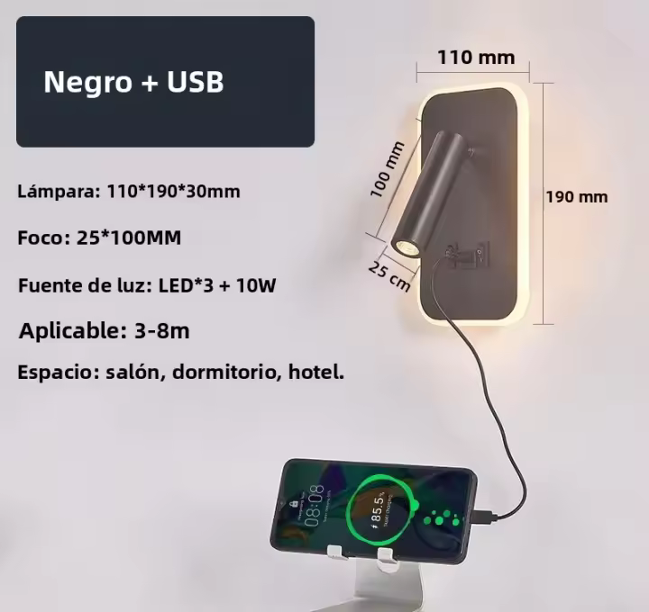 Lámpara De Pared LED Rotativa Con Interruptor Y Puerto USB Para Lectura En La Cama Luz De Pared Montada En La Pared Soporte De Aluminio Fuente De Luz LED Para Dormitorio Vestíbulo Estudio - 1