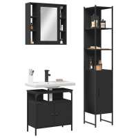 vidaXL Set de muebles baño 3 pzas madera contrachapada en color Roble ahumado/Negro/Gris sonoma | almacenamiento funcional diseño moderno para baño dormitorio sala - details 1