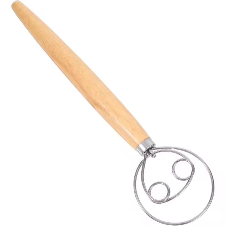 Batidor de masa de pan de 13 pulgadas, batidor de masa danés de acero inoxidable de doble ojo, batidor de huevos con mango de madera - 1