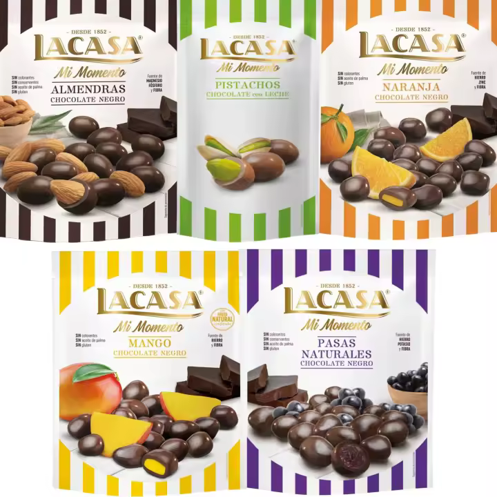 Lacasa Mi Momento pack de 5:Pistacho Leche 50G,Pasas choco Negro 150G,Almendra choco Negro 125G,Naranja choco Negro 125G,Mango choco Negro 115G - 1