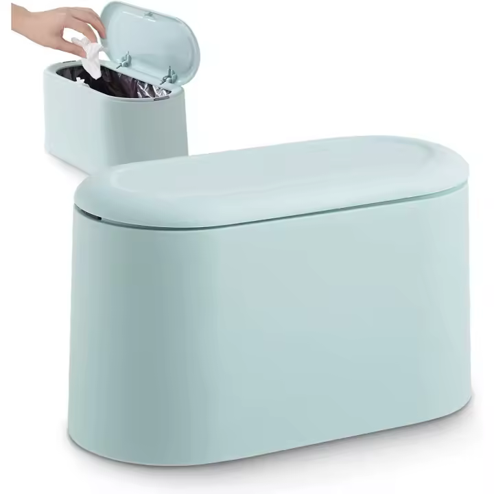Pequeño bote de basura de sobremesa con tapa con botón pulsador para oficina, baño, cocina y dormitorio, almacenamiento de alimentos para mascotas (azul claro) - 1
