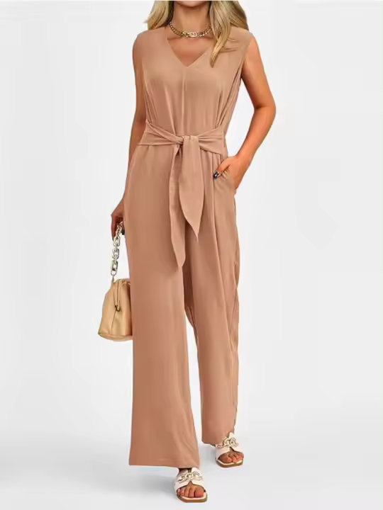 Traje De Mujer Elegante Y Moderno De Color Sólido Con Cuello En V Y Pierna Ancha Sin Mangas Traje De Verano Para Mujer - 1
